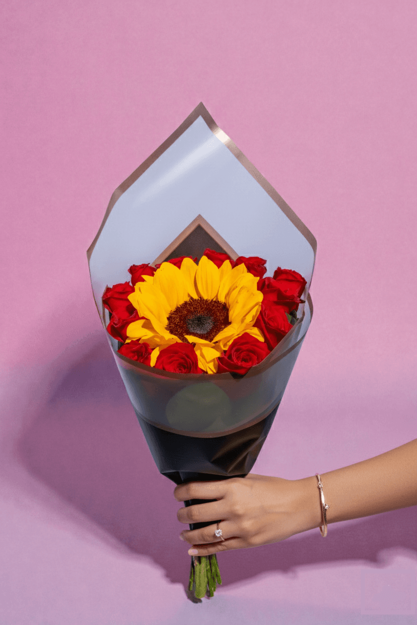 Ramo de 12 Rosas Rojas y 1 Girasol – Equilibrio Perfecto